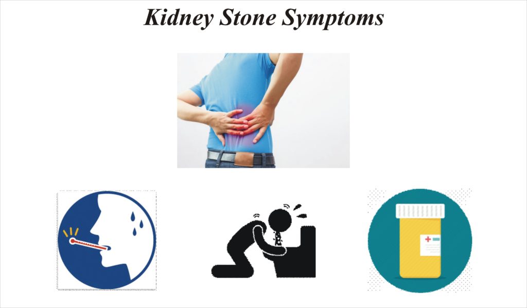 Kidney Stone symptoms, Pain in the loin, Nausea and Vomiting, Difficulty in urination